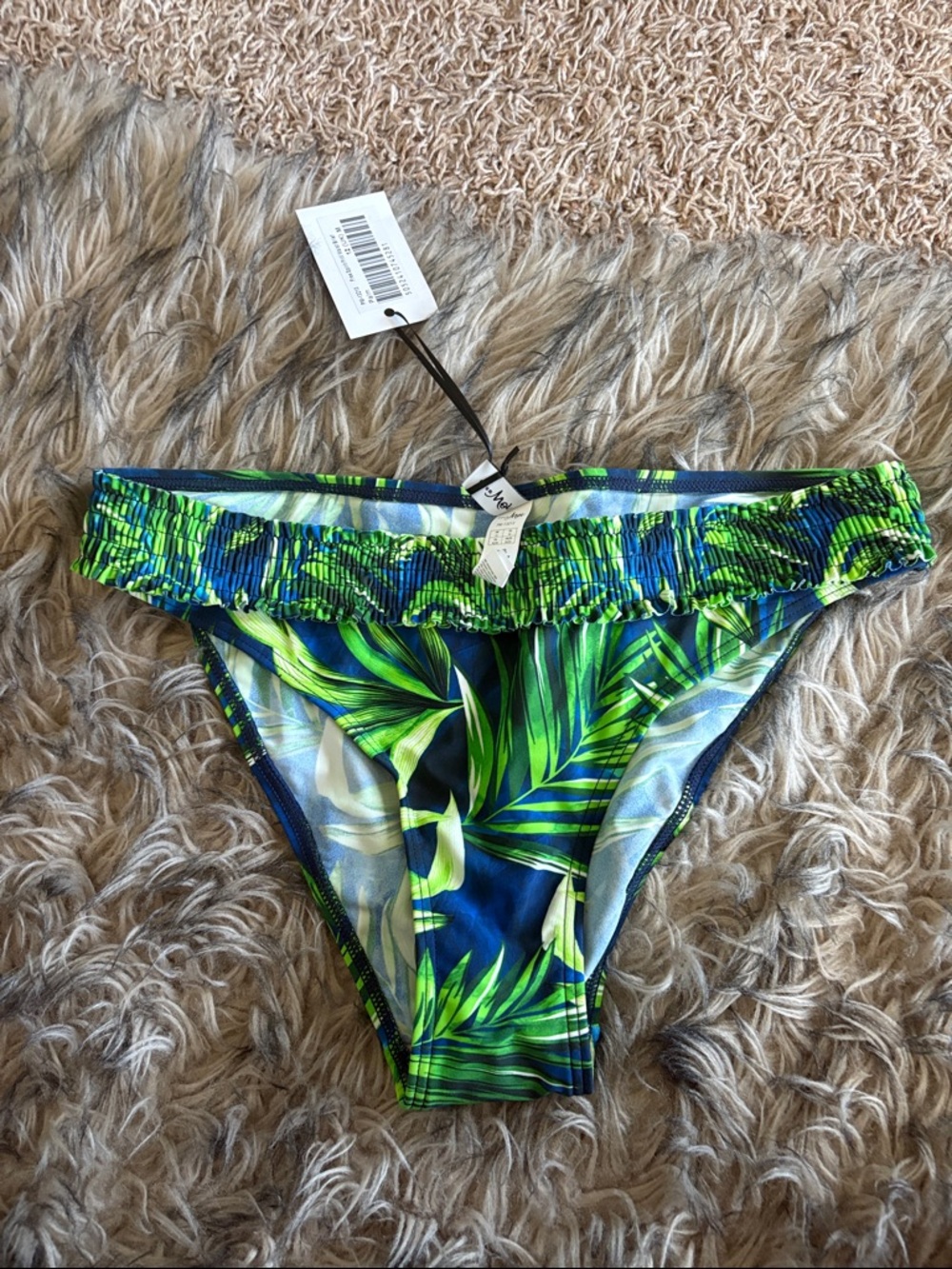 Tropical Leaf Smocked Bikini Bottom - Blue & Green